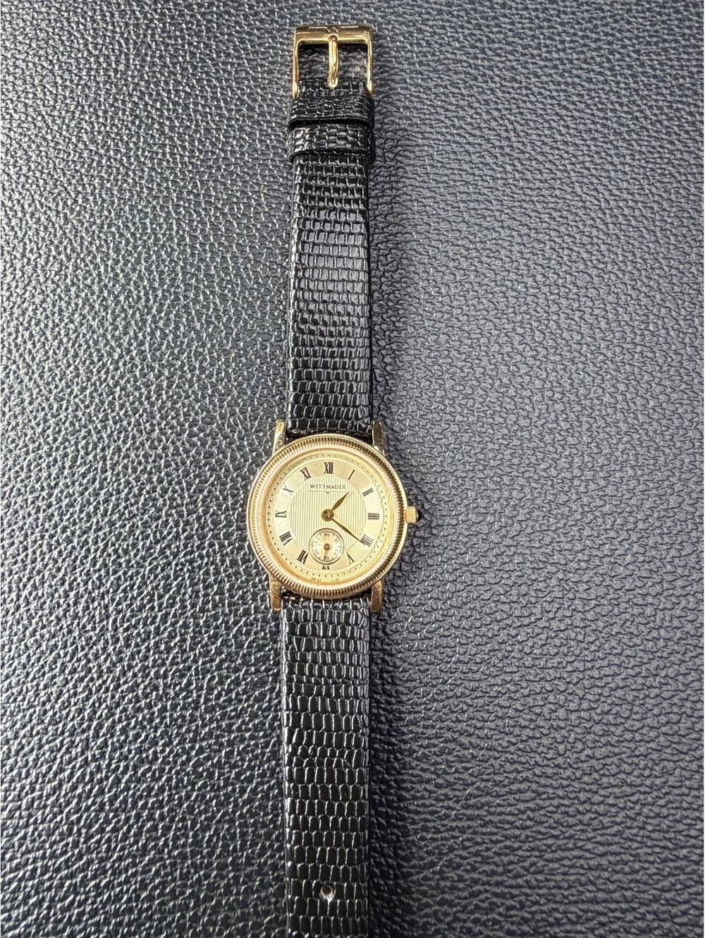Vintage Wittnauer Quartz minimalist quiet Watch w Gold Face Black Leather Strap